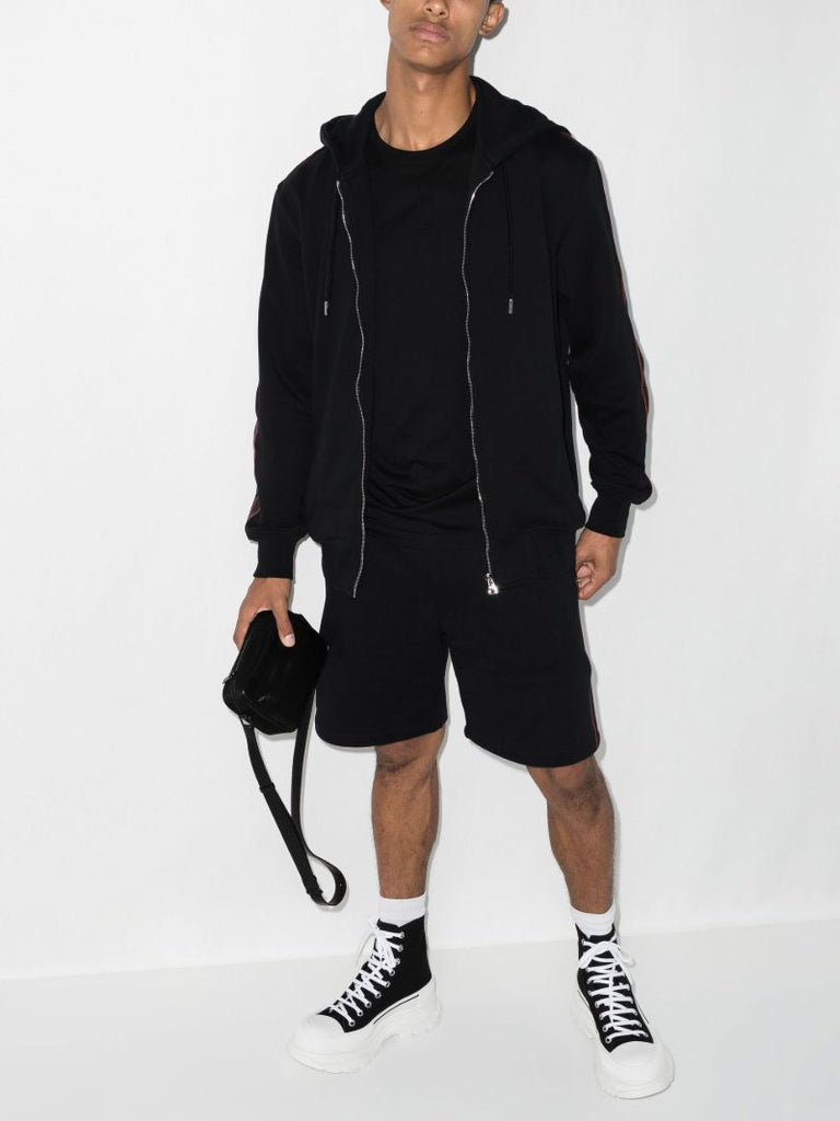 Black Logo Tape Zip-up Cotton Hoodie