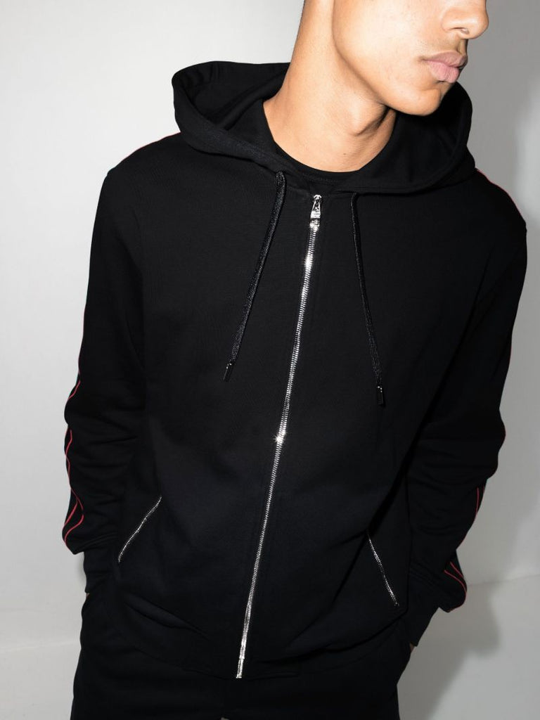 Black Logo Tape Zip-up Cotton Hoodie