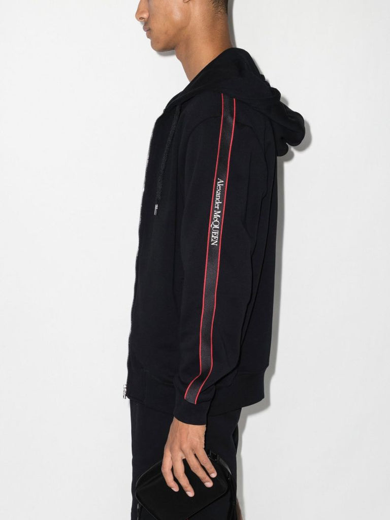 Black Logo Tape Zip-up Cotton Hoodie