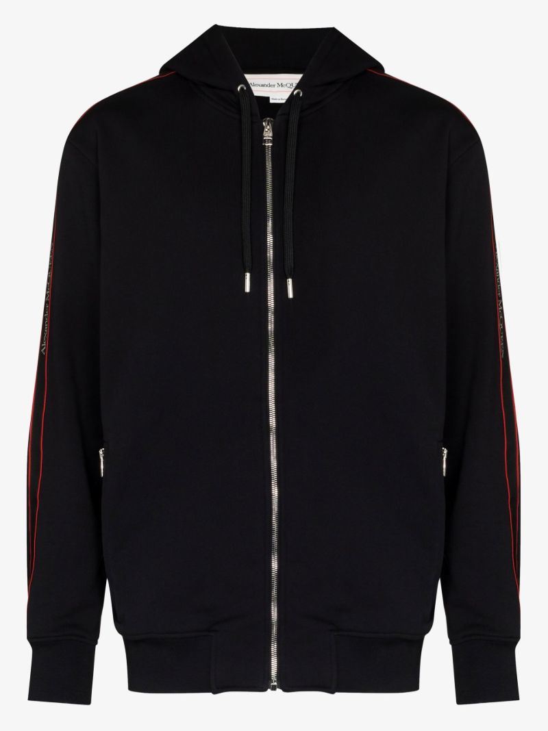 Black Logo Tape Zip-up Cotton Hoodie