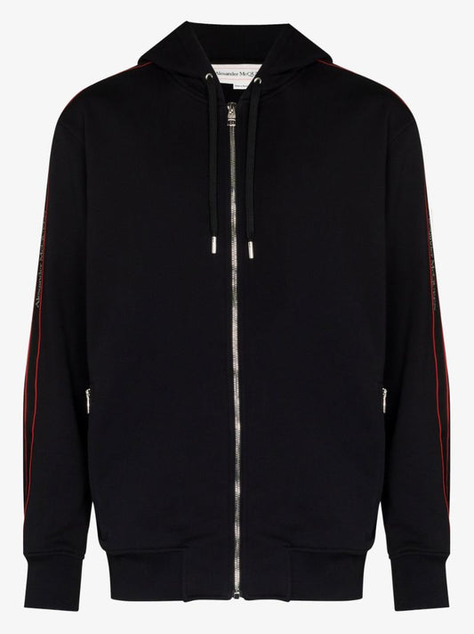Black Logo Tape Zip-up Cotton Hoodie