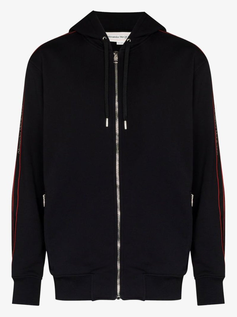 Black Logo Tape Zip-up Cotton Hoodie