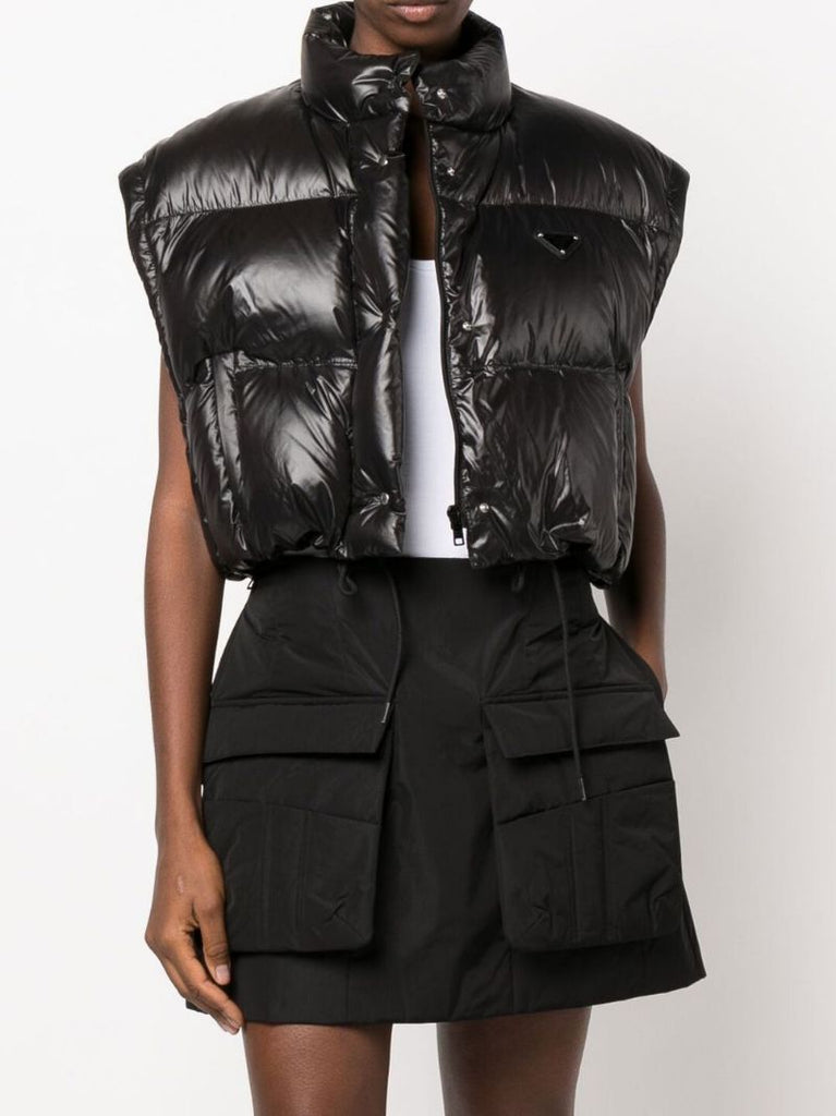 Black Convertible Cropped Quilted Re-nylon Jacket