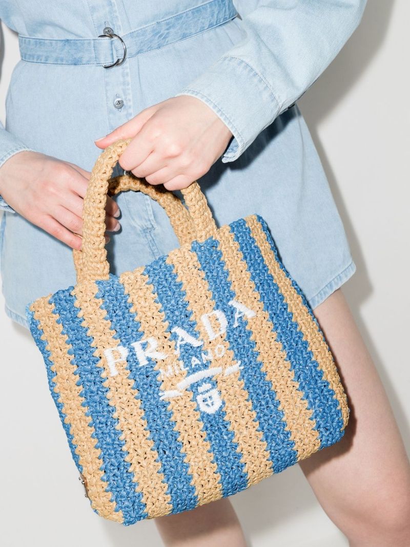 Beige and Blue Sriped Raffia Tote Bag