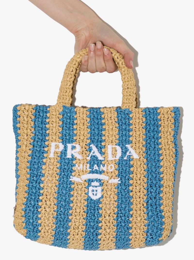 Beige and Blue Sriped Raffia Tote Bag