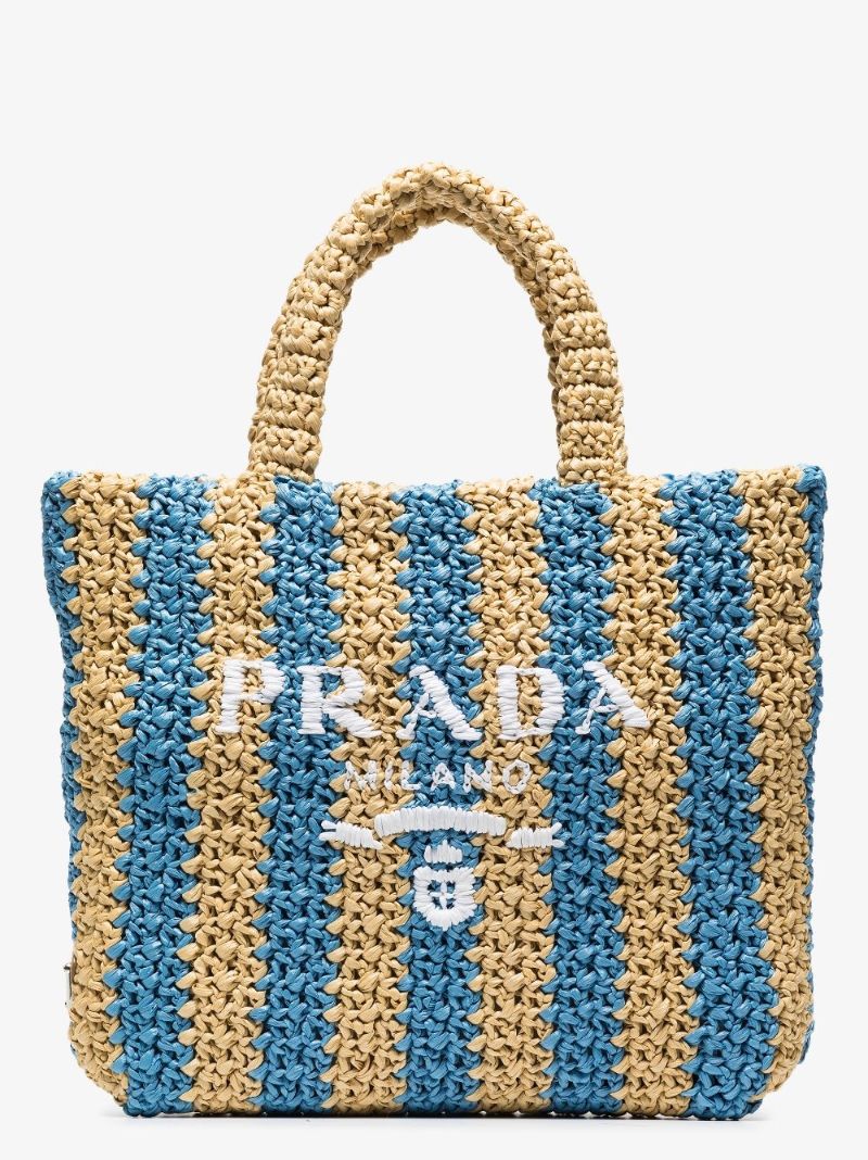 Beige and Blue Sriped Raffia Tote Bag