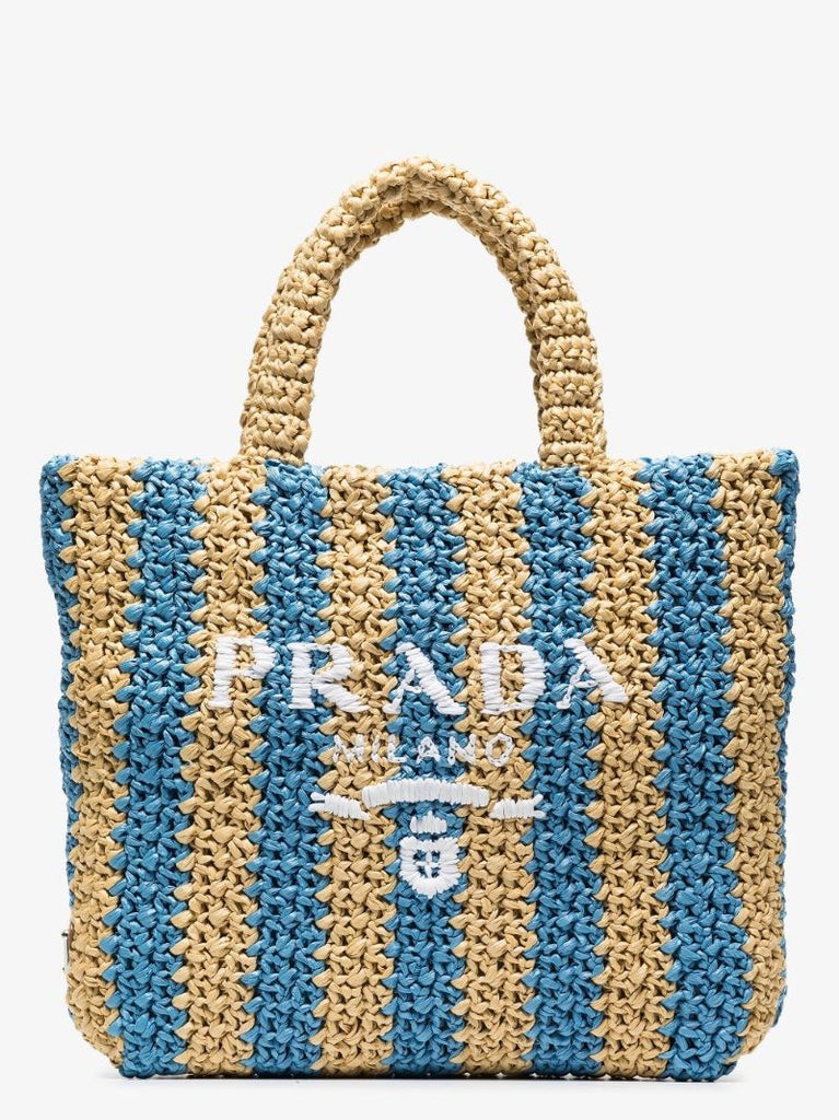 Beige and Blue Sriped Raffia Tote Bag
