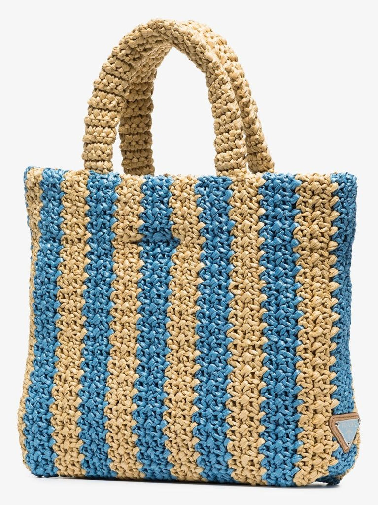 Beige and Blue Sriped Raffia Tote Bag