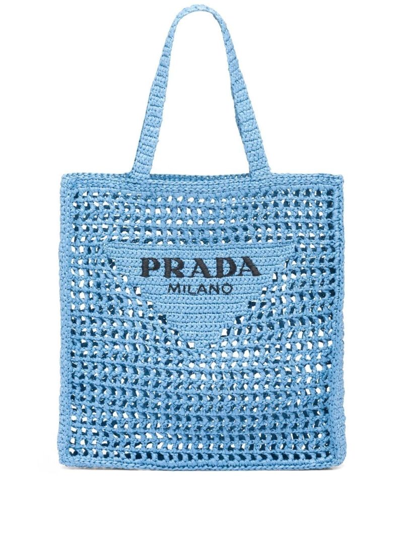 Blue Logo Raffia Tote Bag