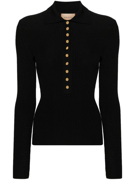 Black Extra Fine Knitted Polo Top