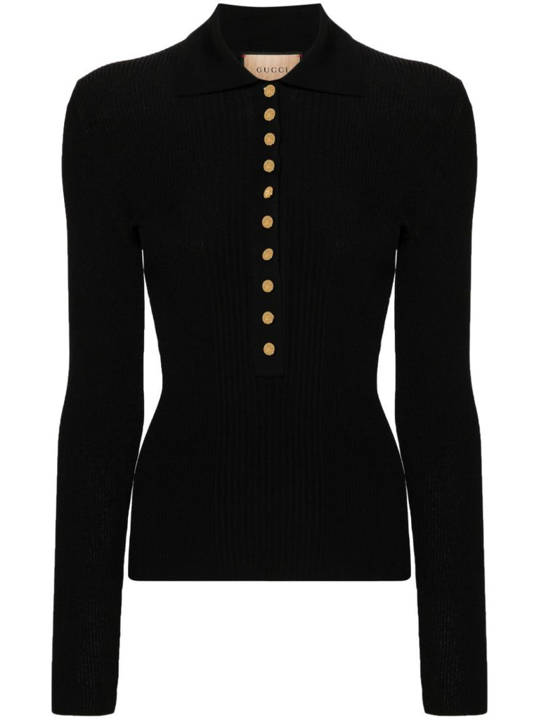 Black Extra Fine Knitted Polo Top