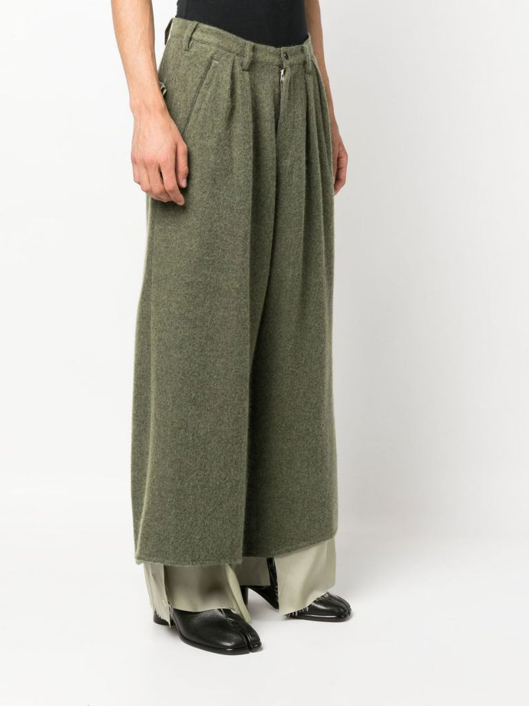 Green Cropped Wide Leg Wool Trousers