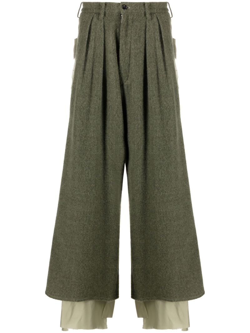 Green Cropped Wide Leg Wool Trousers