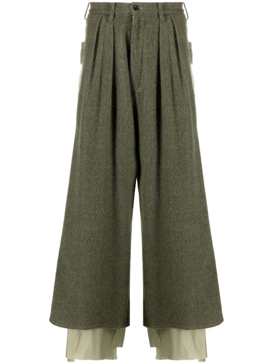 Green Cropped Wide Leg Wool Trousers