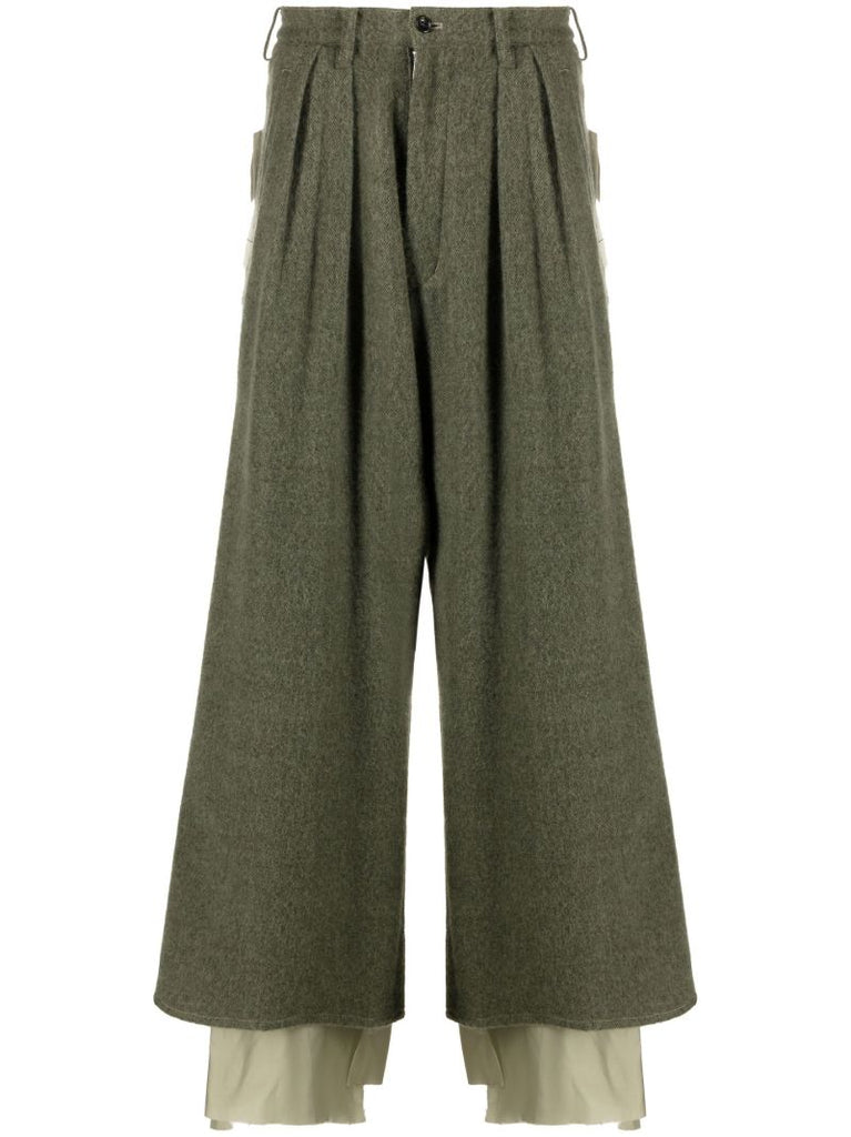 Green Cropped Wide Leg Wool Trousers