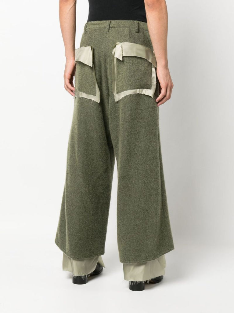 Green Cropped Wide Leg Wool Trousers