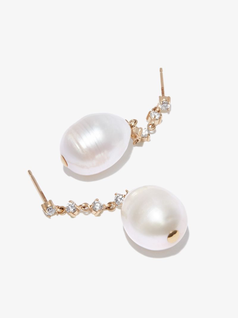 14k Yellow Gold Pearl and Diamond Drop Earrings
