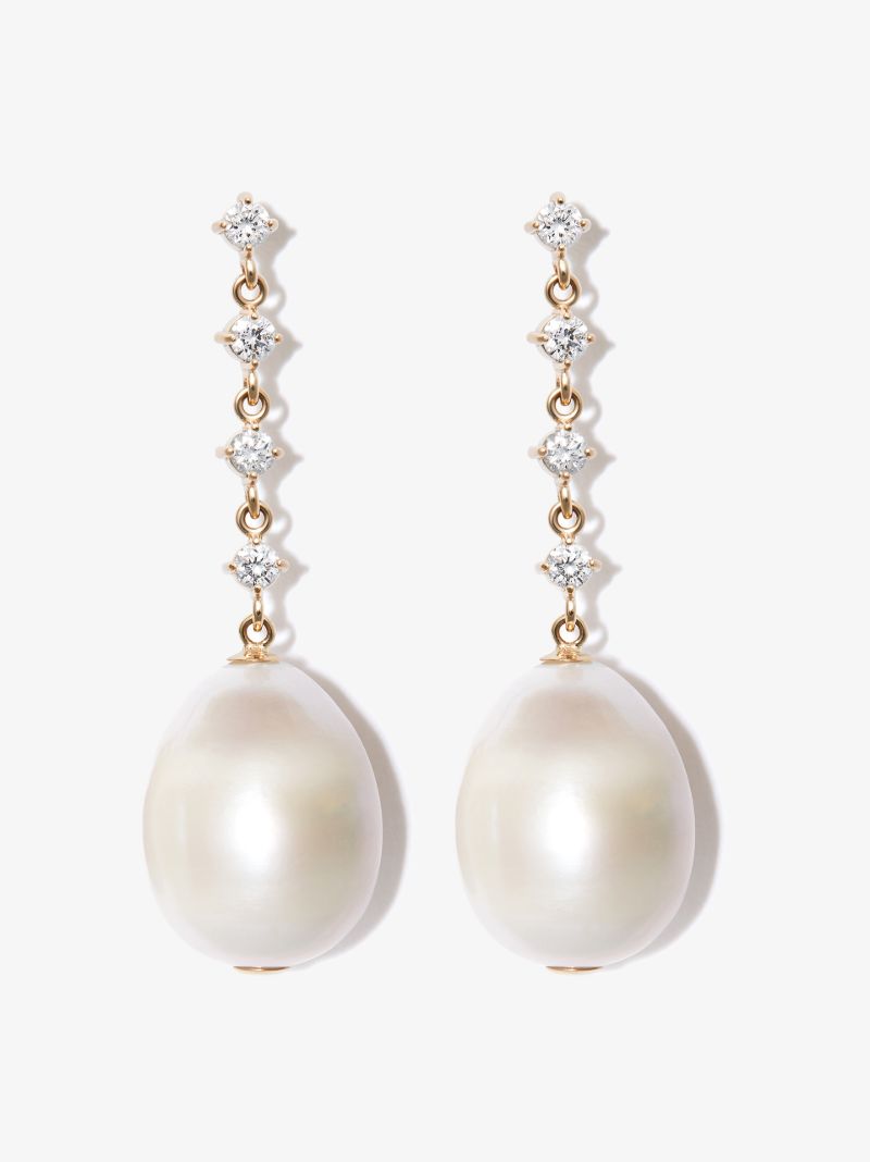 14k Yellow Gold Pearl and Diamond Drop Earrings