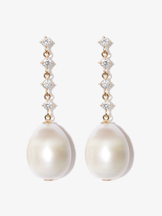 14k Yellow Gold Pearl and Diamond Drop Earrings