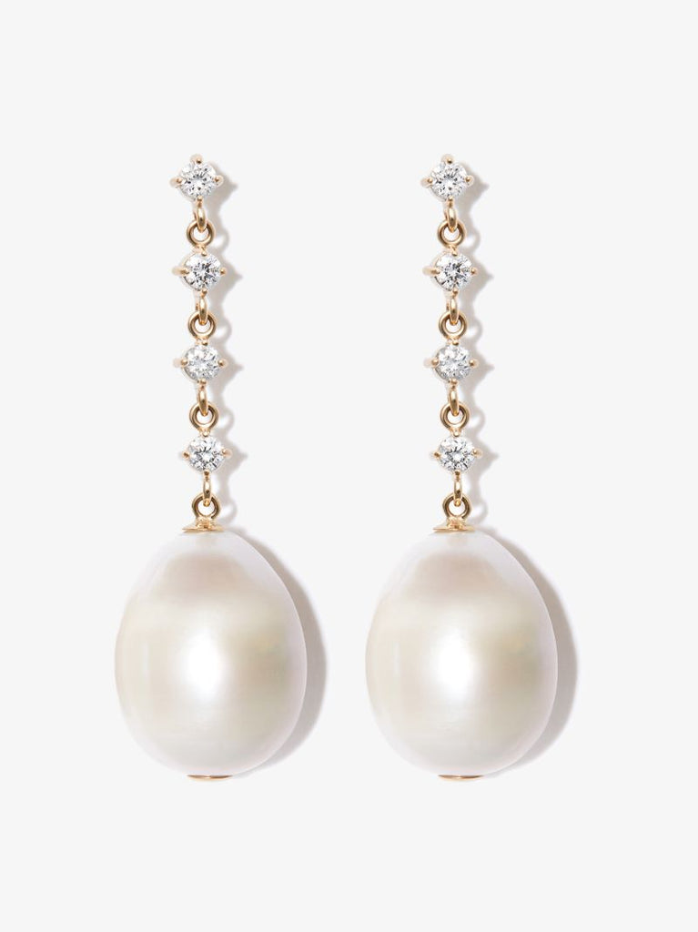 14k Yellow Gold Pearl and Diamond Drop Earrings