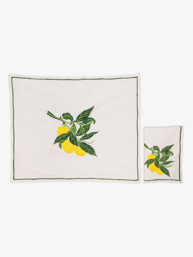Neutral Embroidered Cotton Placemat and Napkin Set