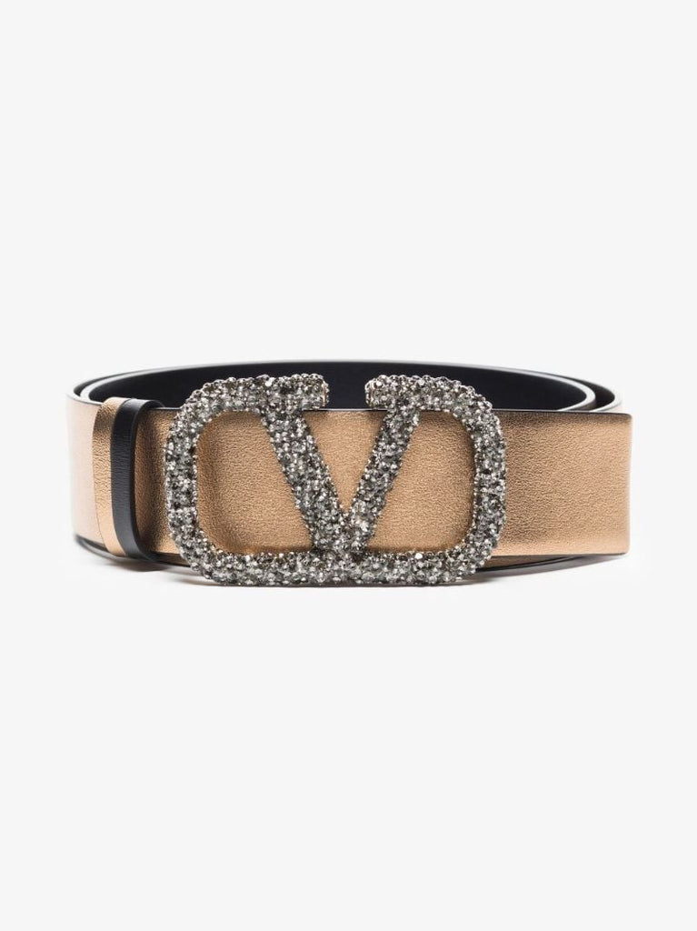 Gold Vlogo Crystal-embellished Reversible Leather Belt