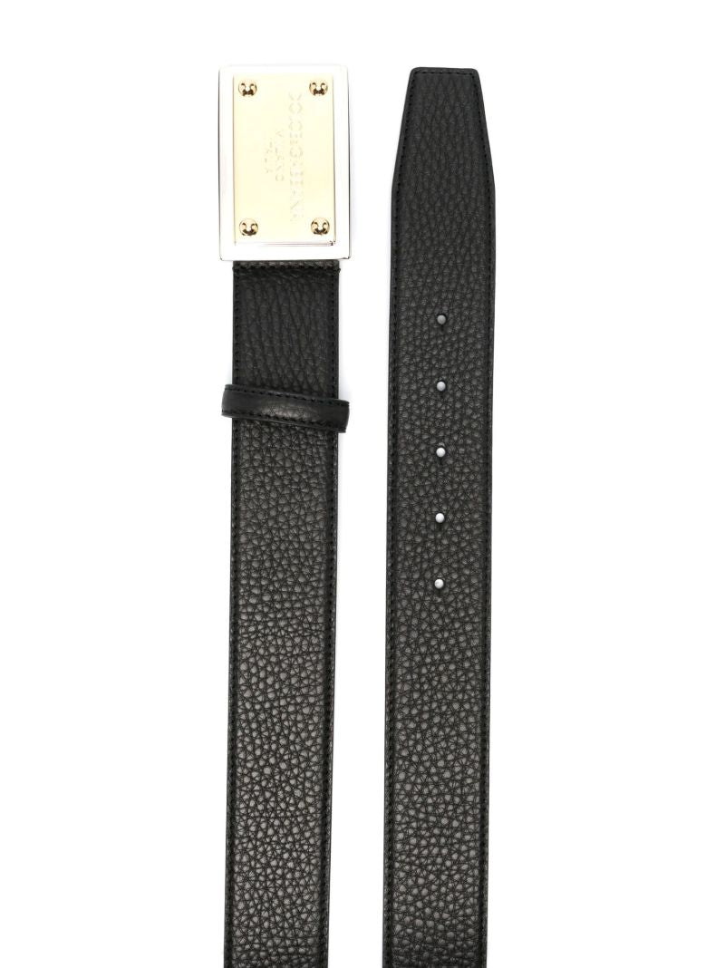 Black Grainy Logo Plaque Leather Belt