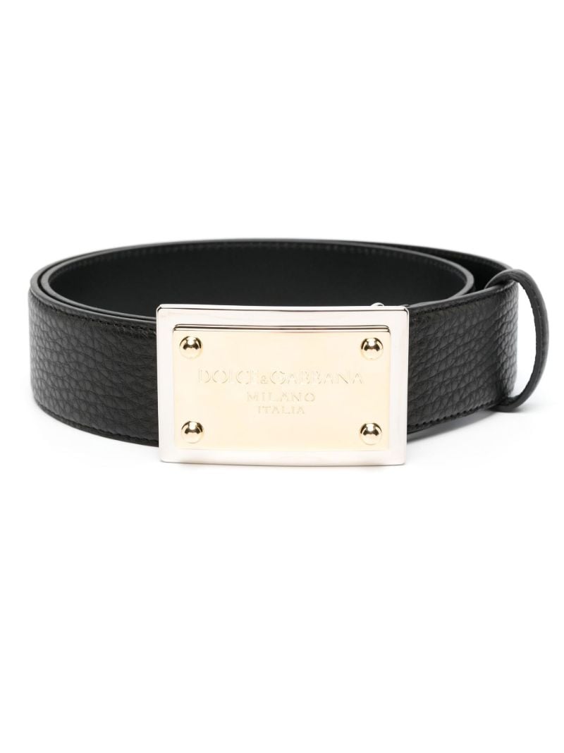 Black Grainy Logo Plaque Leather Belt