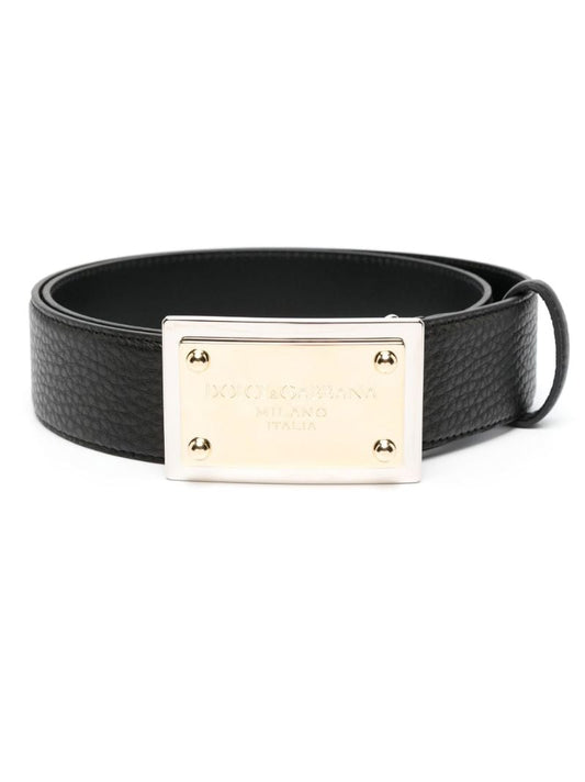 Black Grainy Logo Plaque Leather Belt