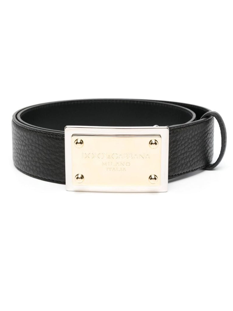 Black Grainy Logo Plaque Leather Belt