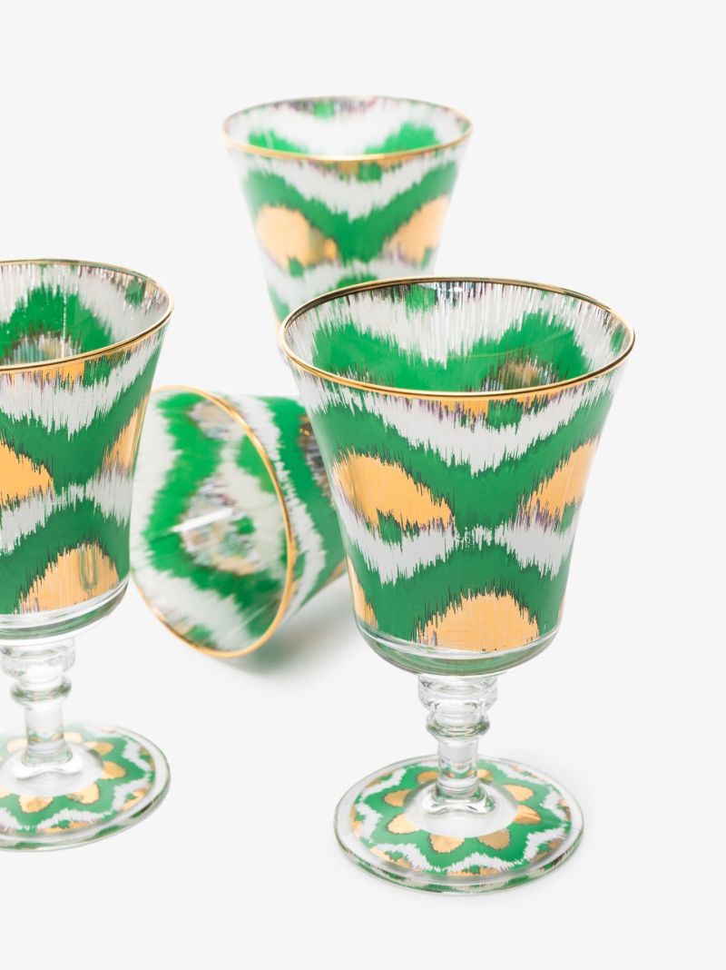 Green and Gold Ikat Wine Glass Set