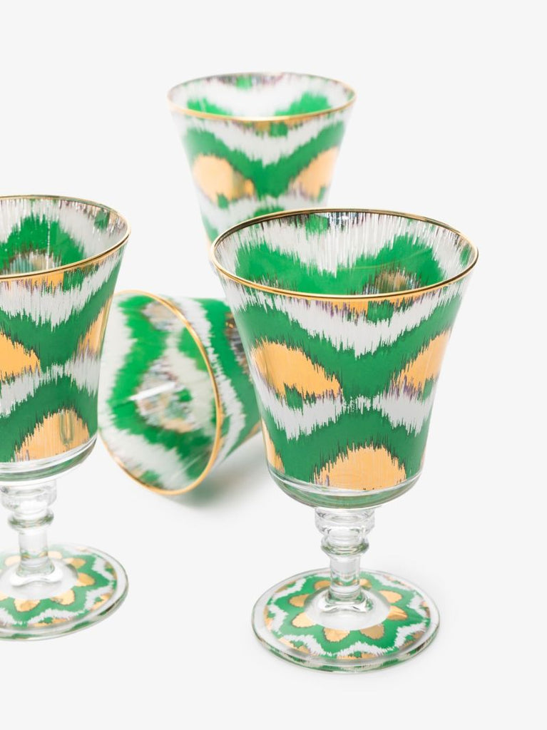 Green and Gold Ikat Wine Glass Set