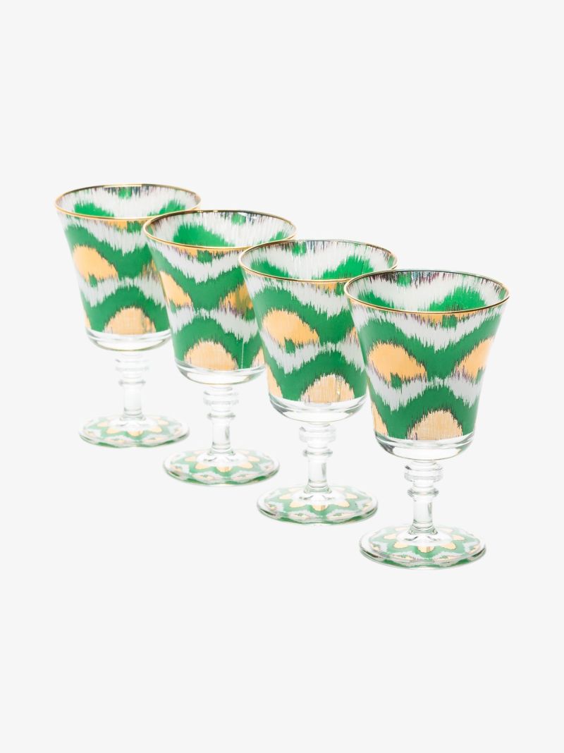 Green and Gold Ikat Wine Glass Set