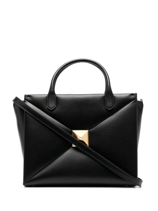 Black One Stud Medium Leather Tote Bag