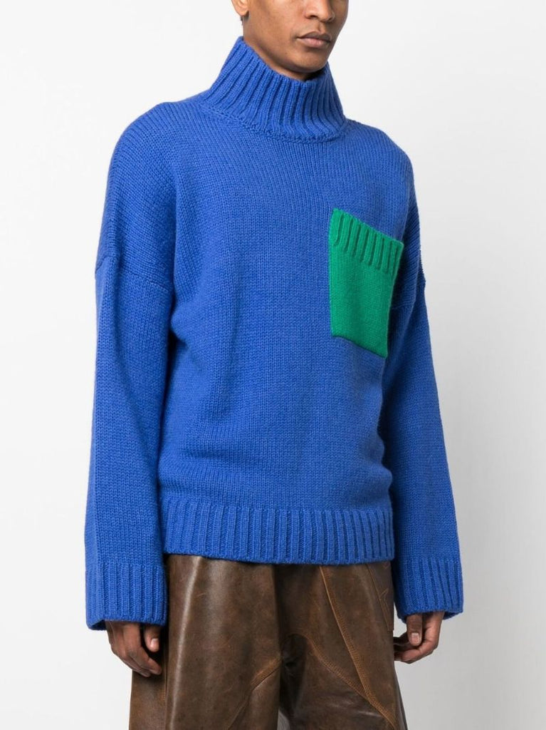 Blue Contrast-pocket Sweater