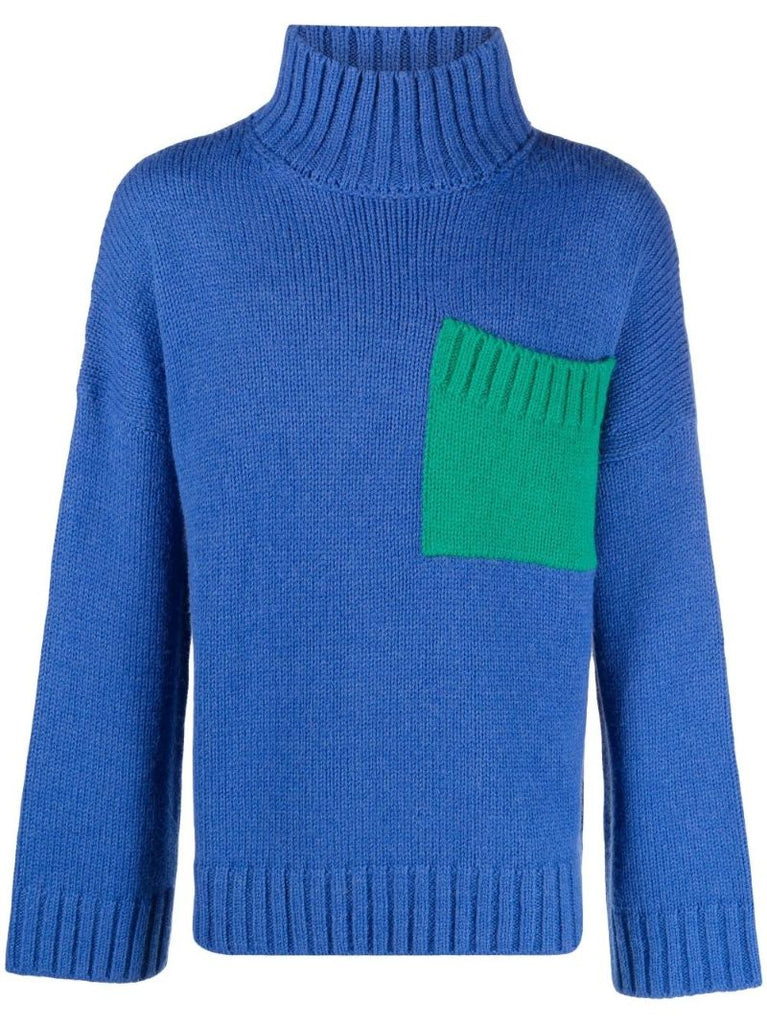 Blue Contrast-pocket Sweater