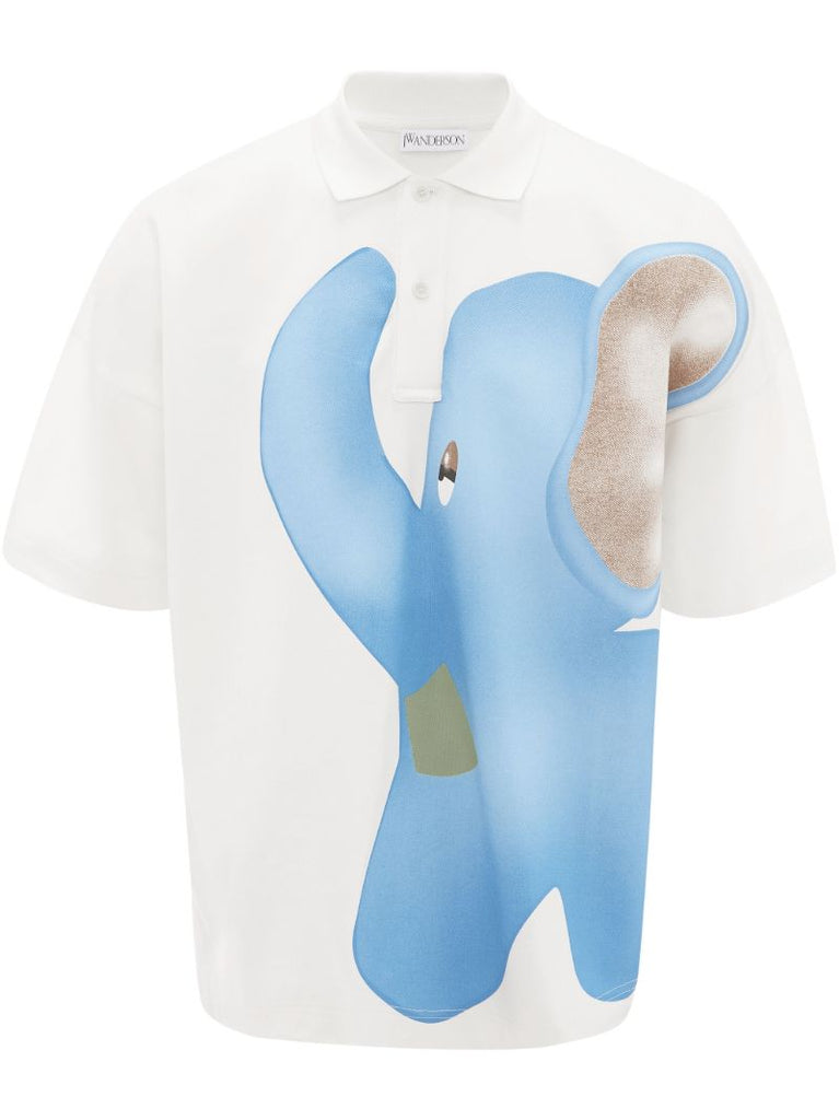 White Oversized Elephant Print Polo Shirt