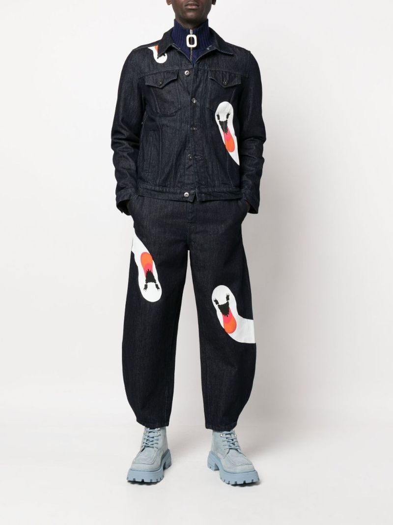 Blue Swan Print Curved Jeans