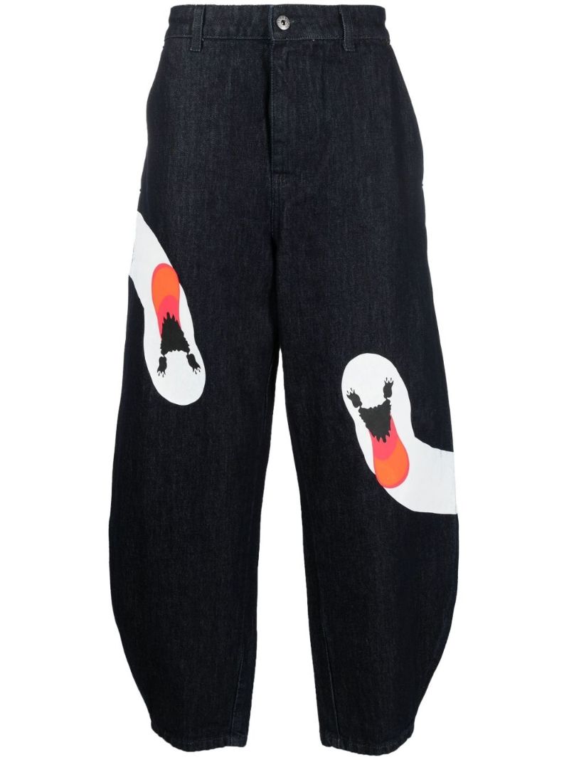 Blue Swan Print Curved Jeans