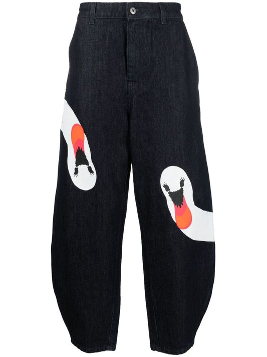 Blue Swan Print Curved Jeans