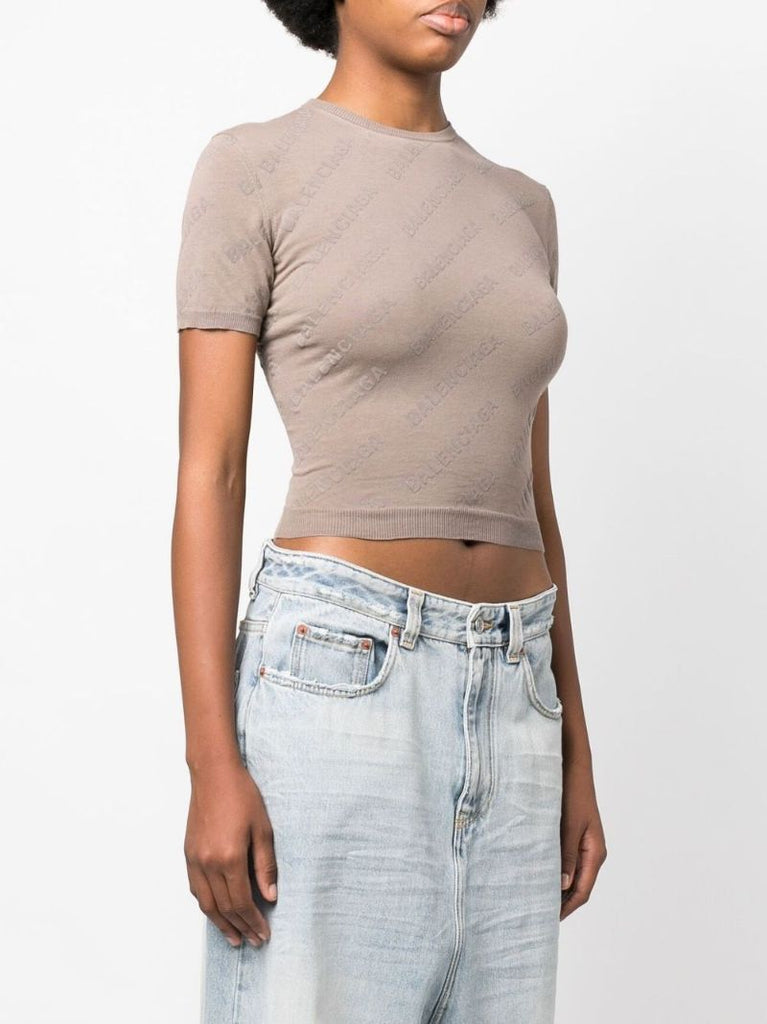 Neutral Logo Print Cropped Cotton T-shirt