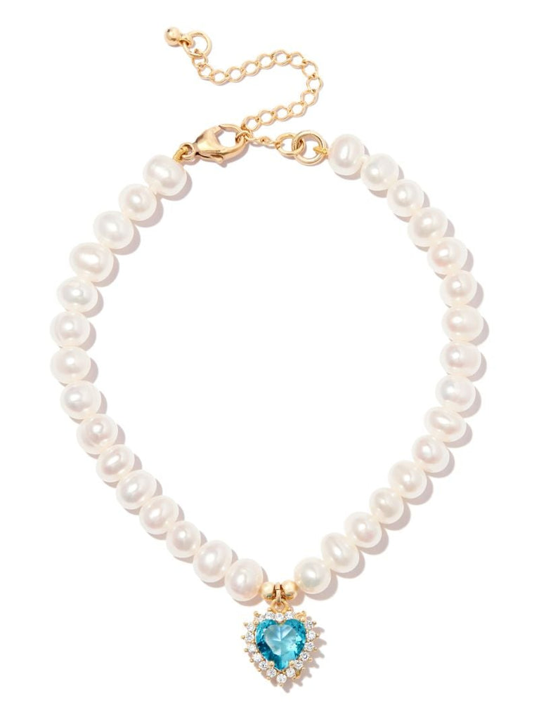 18k Yellow Gold Heart Pendant Pearl Bracelet