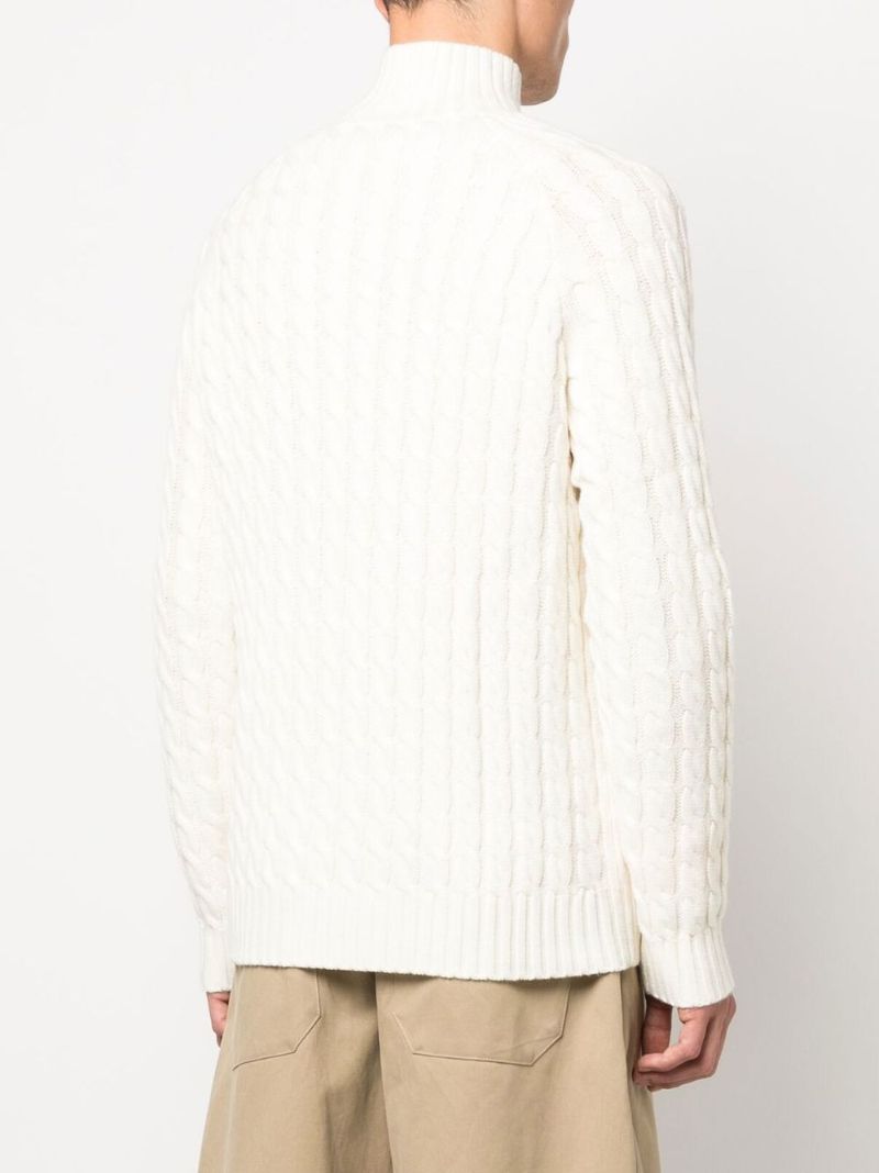 White Henley Cable Knit Wool Sweater