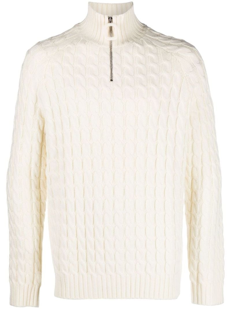 White Henley Cable Knit Wool Sweater