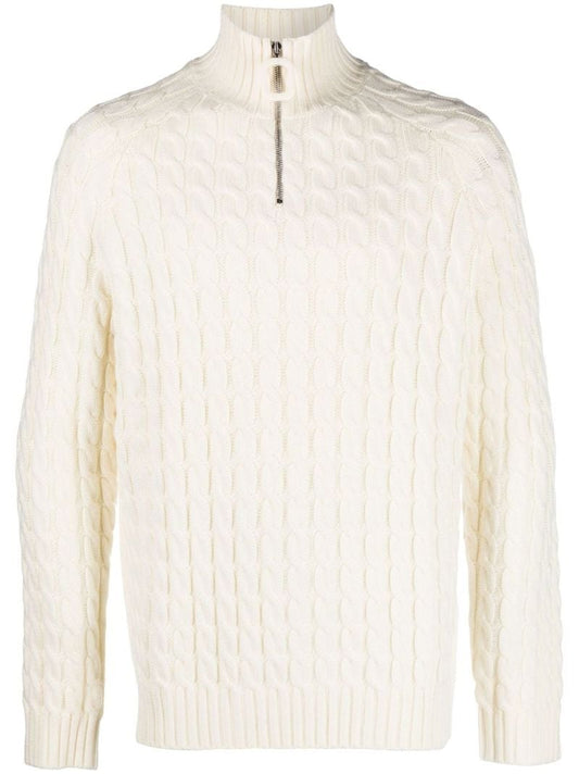 White Henley Cable Knit Wool Sweater