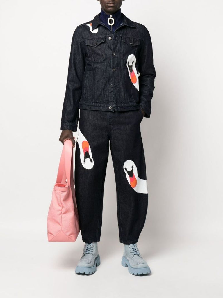 Blue Swan Print Denim Jacket