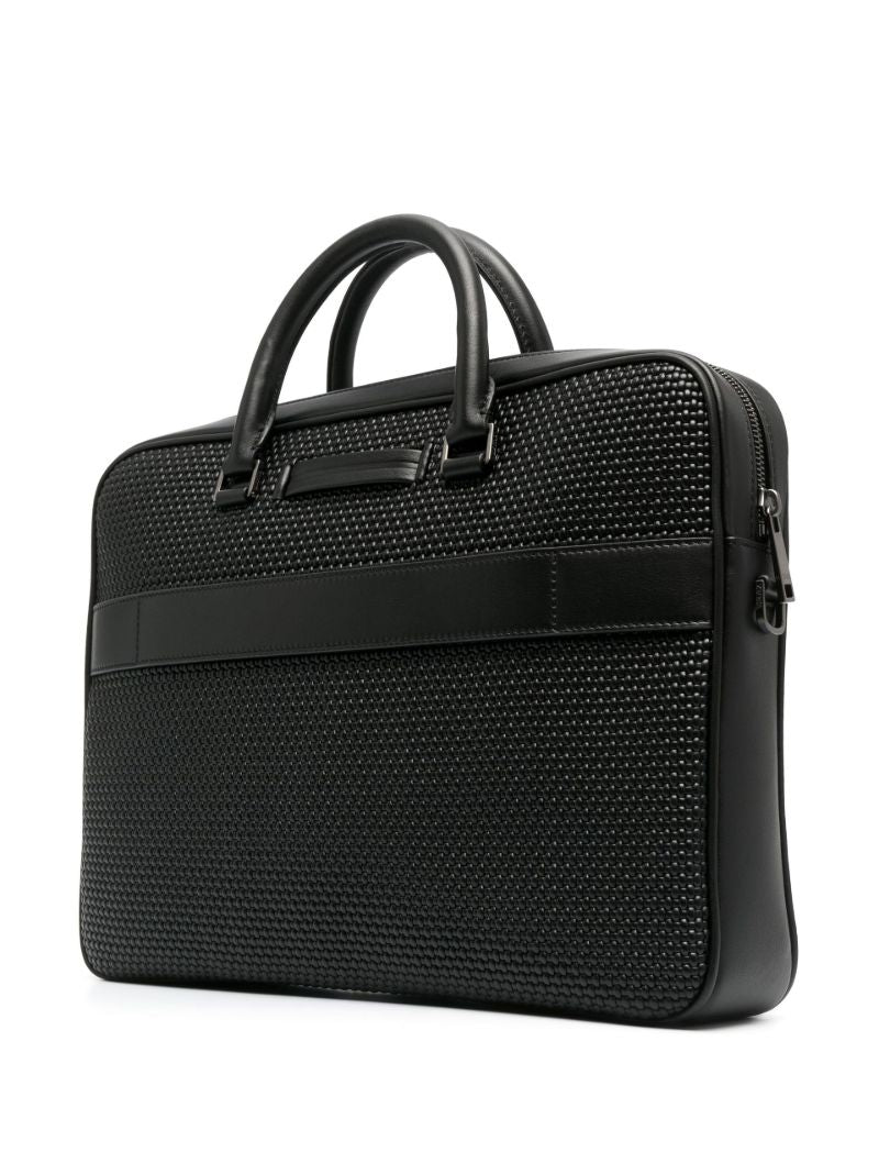 Black Waffle Texture Leather Laptop Bag