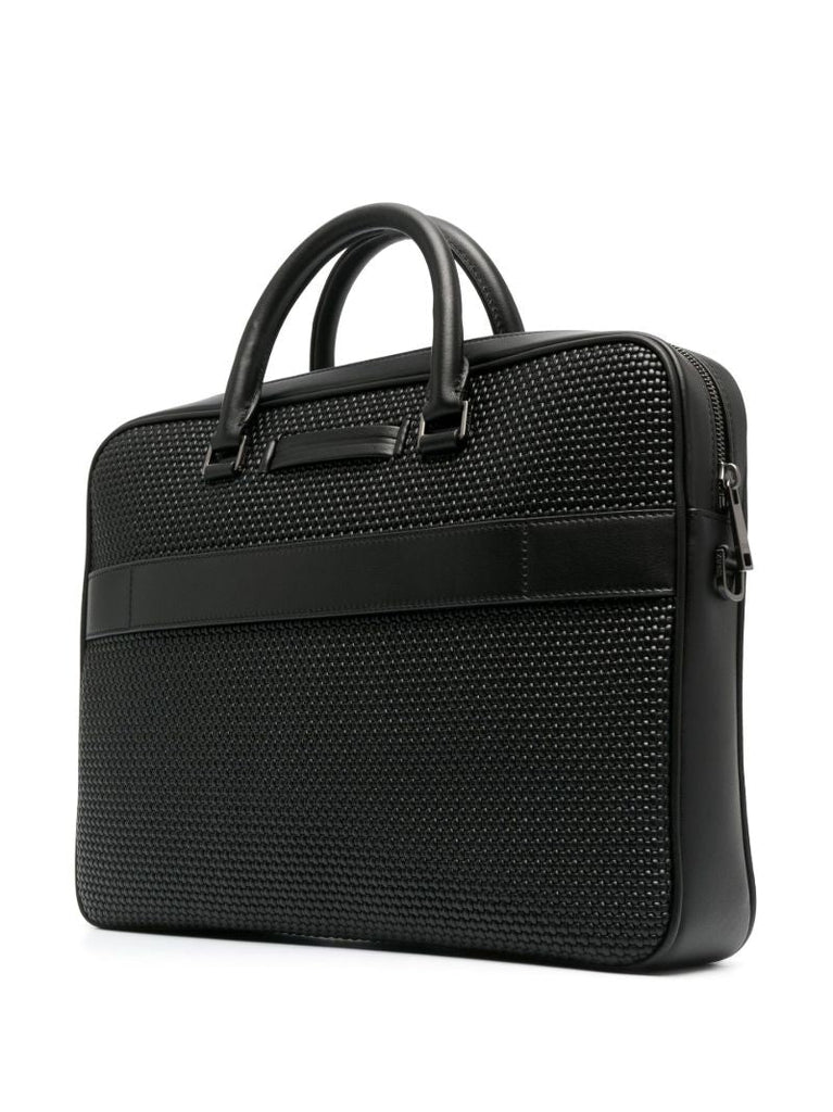 Black Waffle Texture Leather Laptop Bag