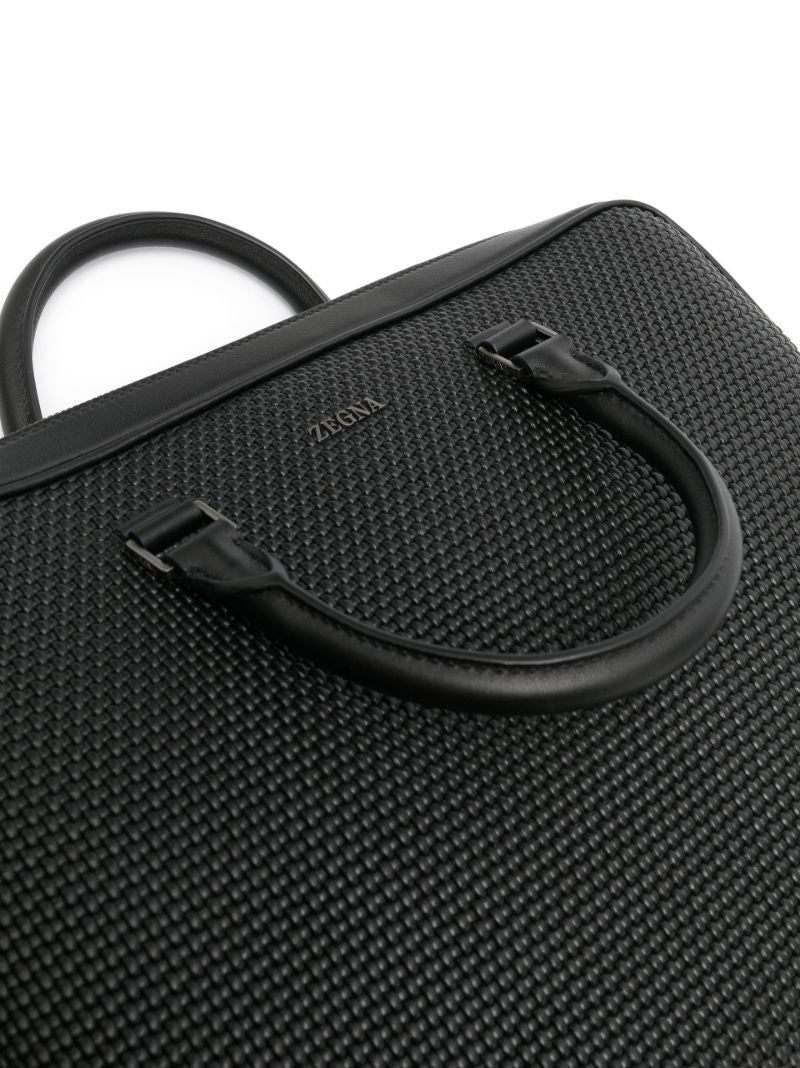 Black Waffle Texture Leather Laptop Bag