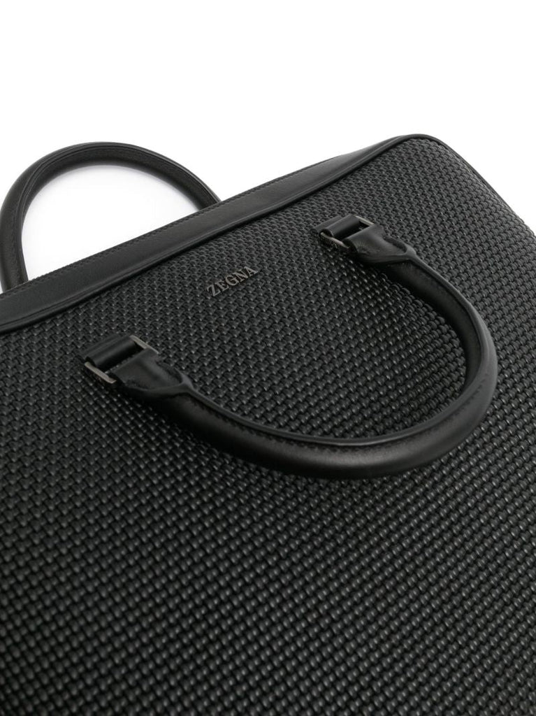 Black Waffle Texture Leather Laptop Bag